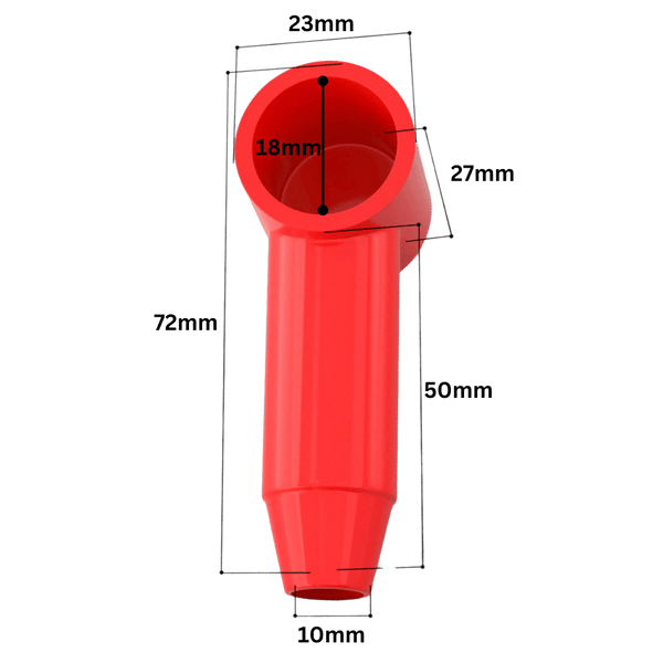 Technical dimensional drawing of red cable lug cover showing 18mm cap ID and 72mm total length