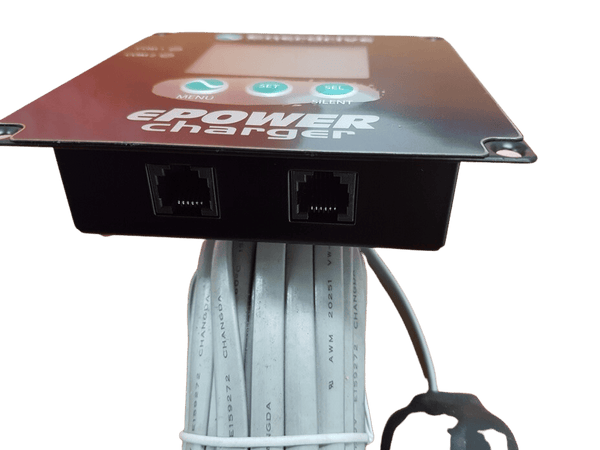 Side view of charger remote panel showing dual RJ45 communication ports and mounting flange