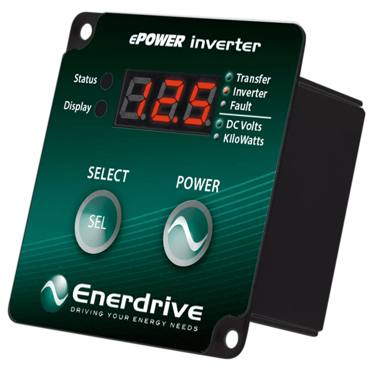 Close-up of removable digital remote control panel for Enerdrive ePower inverter