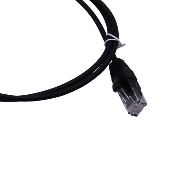 Close-up of black RJ45 connector showing strain relief boot