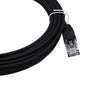 Close-up of black patch cord coil and single RJ45 plug with snagless clip protector
