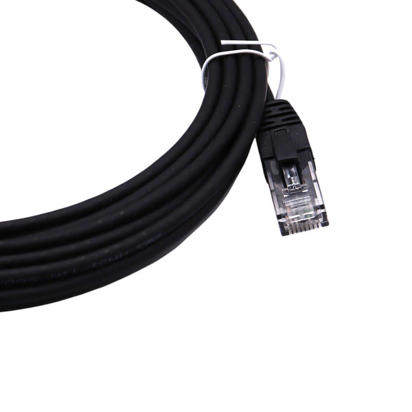 Close-up of black patch cord coil and single RJ45 plug with snagless clip protector