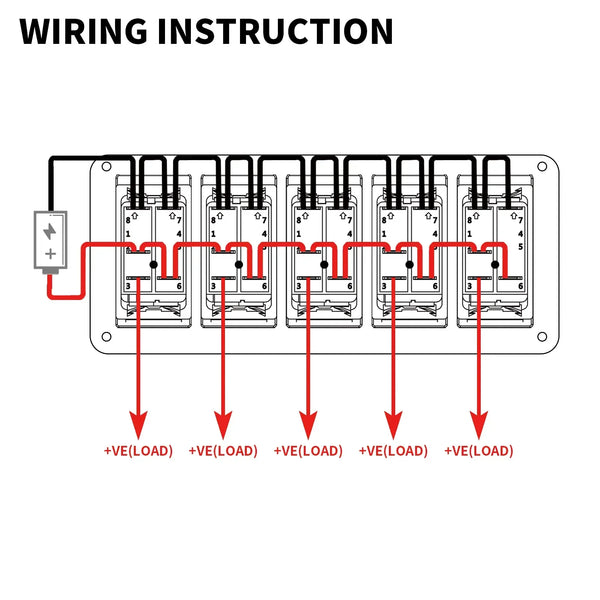 Schematic wiring instruction diagram showing positive load connections for rocker switches