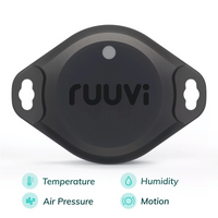Front view of RuuviTag Pro sensor with icons indicating temperature, humidity, air pressure and motion sensing capabilities