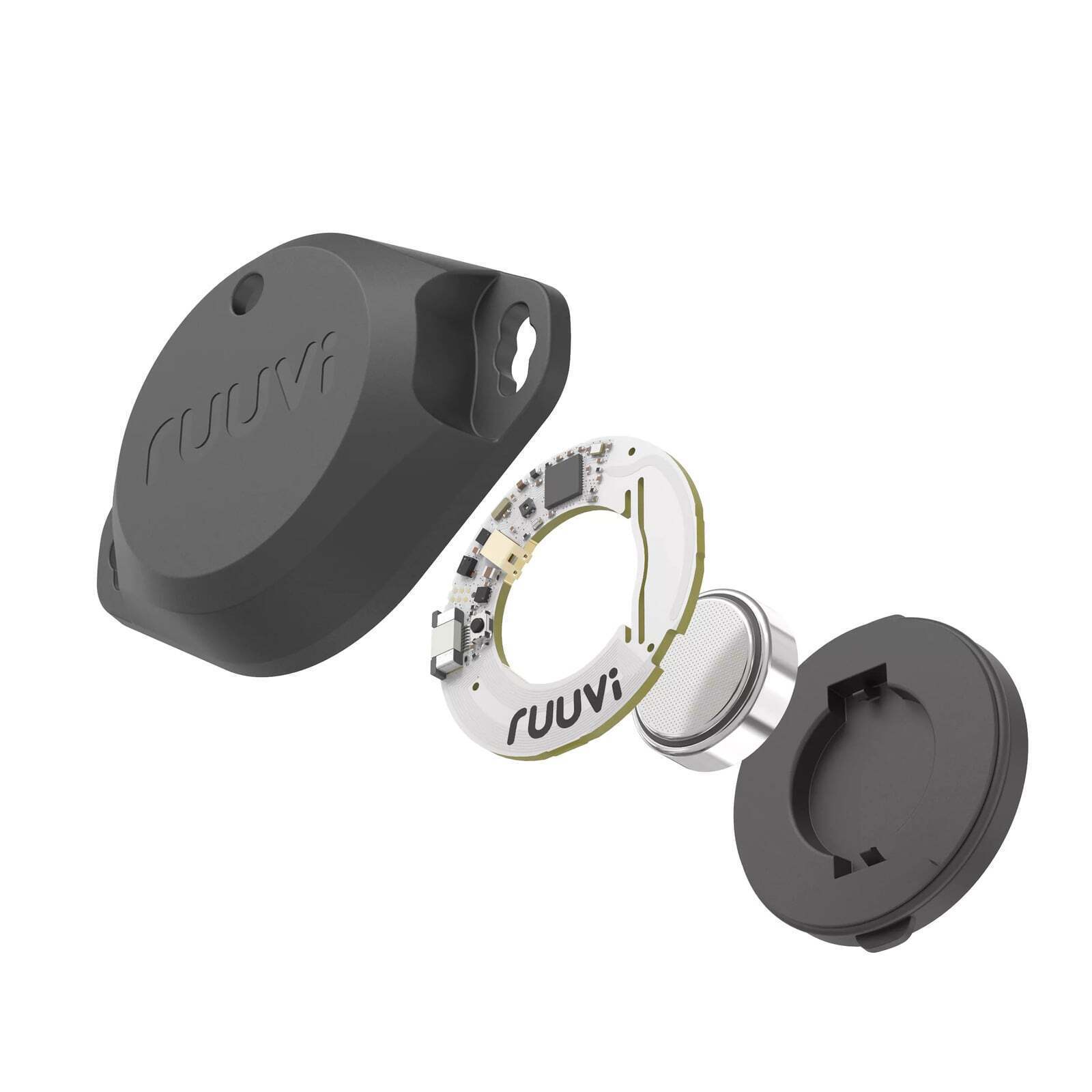 Exploded technical view of RuuviTag Pro showing protective casing, internal circuit board and CR2477T battery