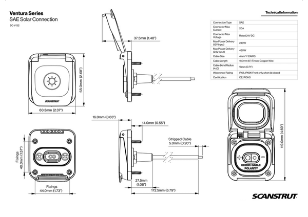 Dimensional drawing showing measurements of the SAE solar input socket