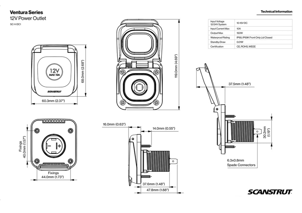 Dimensional technical drawing of Scanstrut 12V Ventura accessory socket