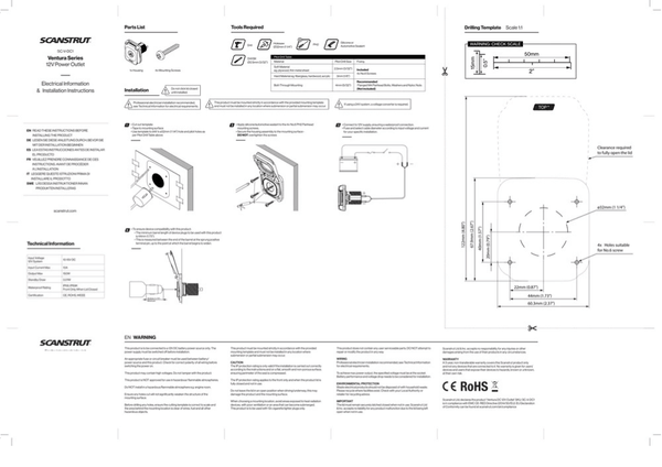Installation guide and drilling template for Scanstrut 12V Ventura power outlet