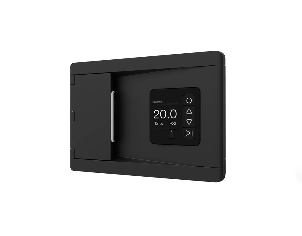 Front view of black Scanstrut ATMOS 12V air pump station with digital display and control buttons