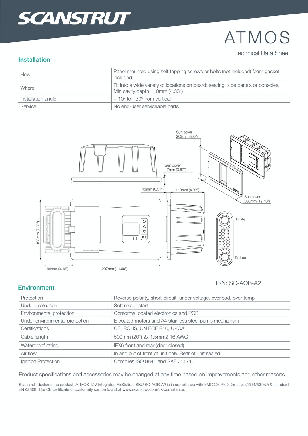 Installation and environmental specification drawing for Scanstrut ATMOS air pump station
