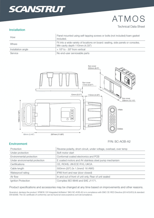 Installation and environmental specification drawing for Scanstrut ATMOS air pump station