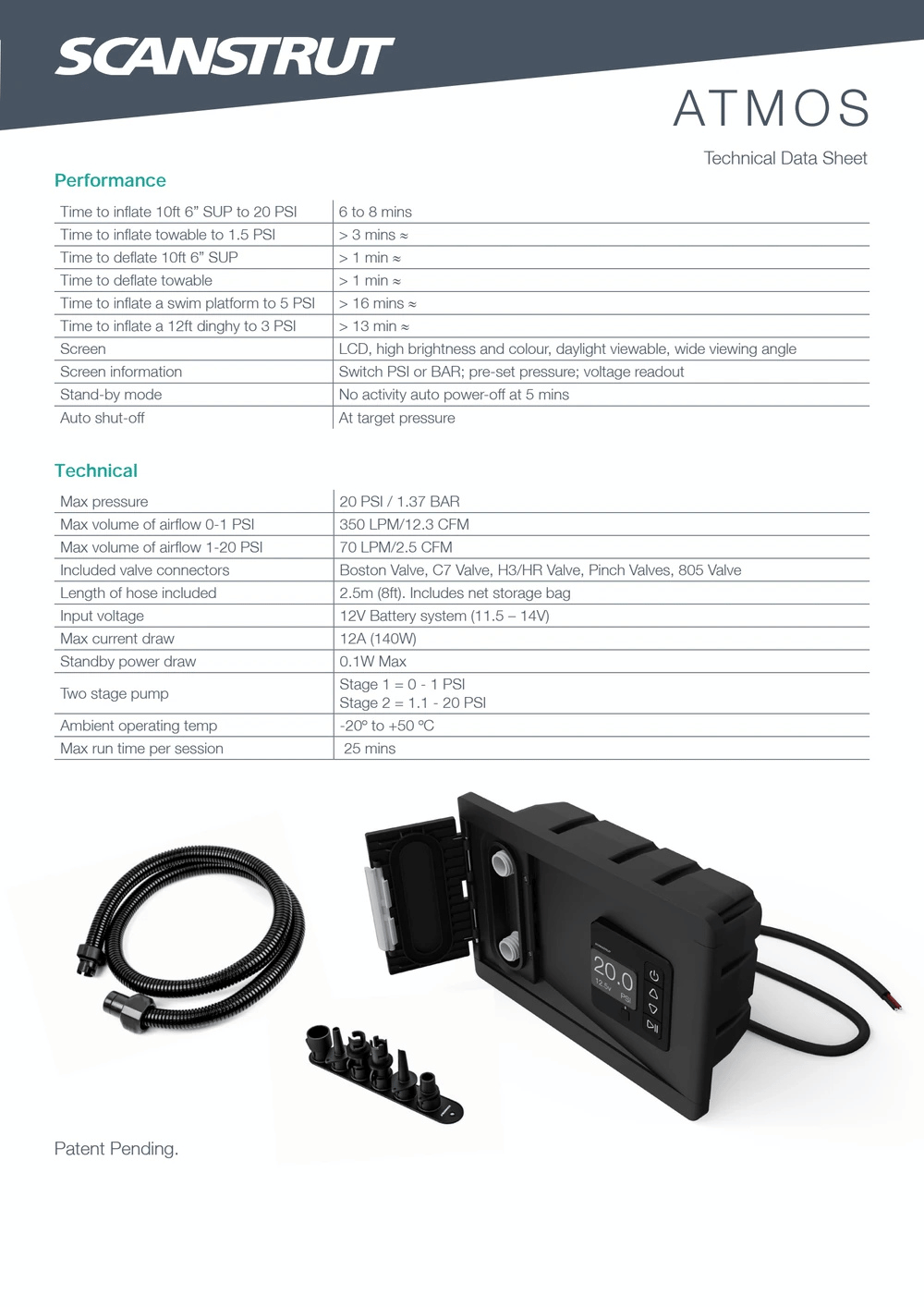 Technical data sheet for Scanstrut ATMOS showing performance specs and air flow volumes