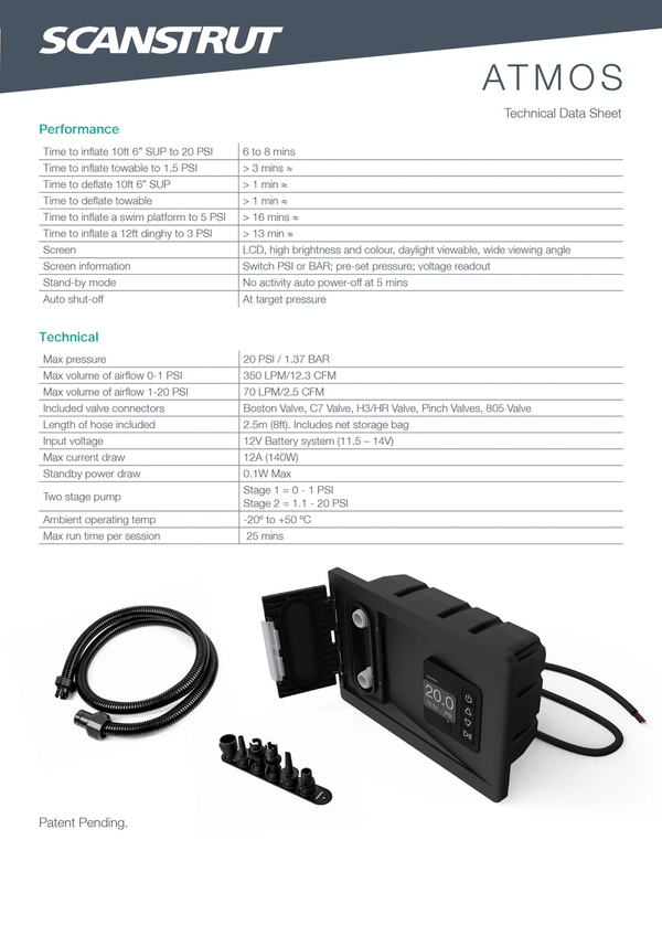 Technical data sheet for Scanstrut ATMOS showing performance specs and air flow volumes
