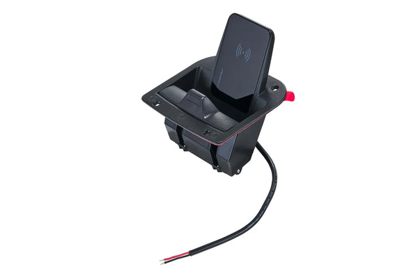 Technical view of Aura wireless charger showing mounting points and wiring tail