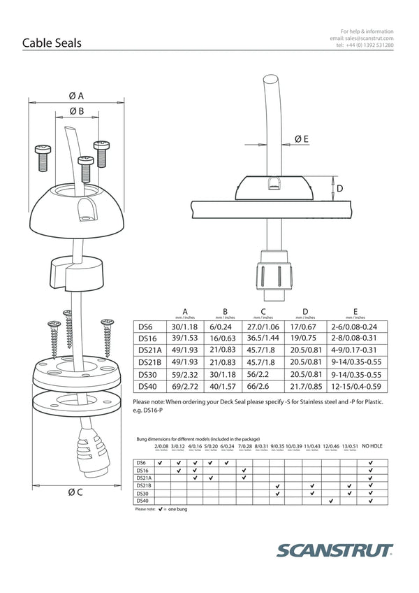 Technical specification drawing showing dimensions and cable compatibility for various seals