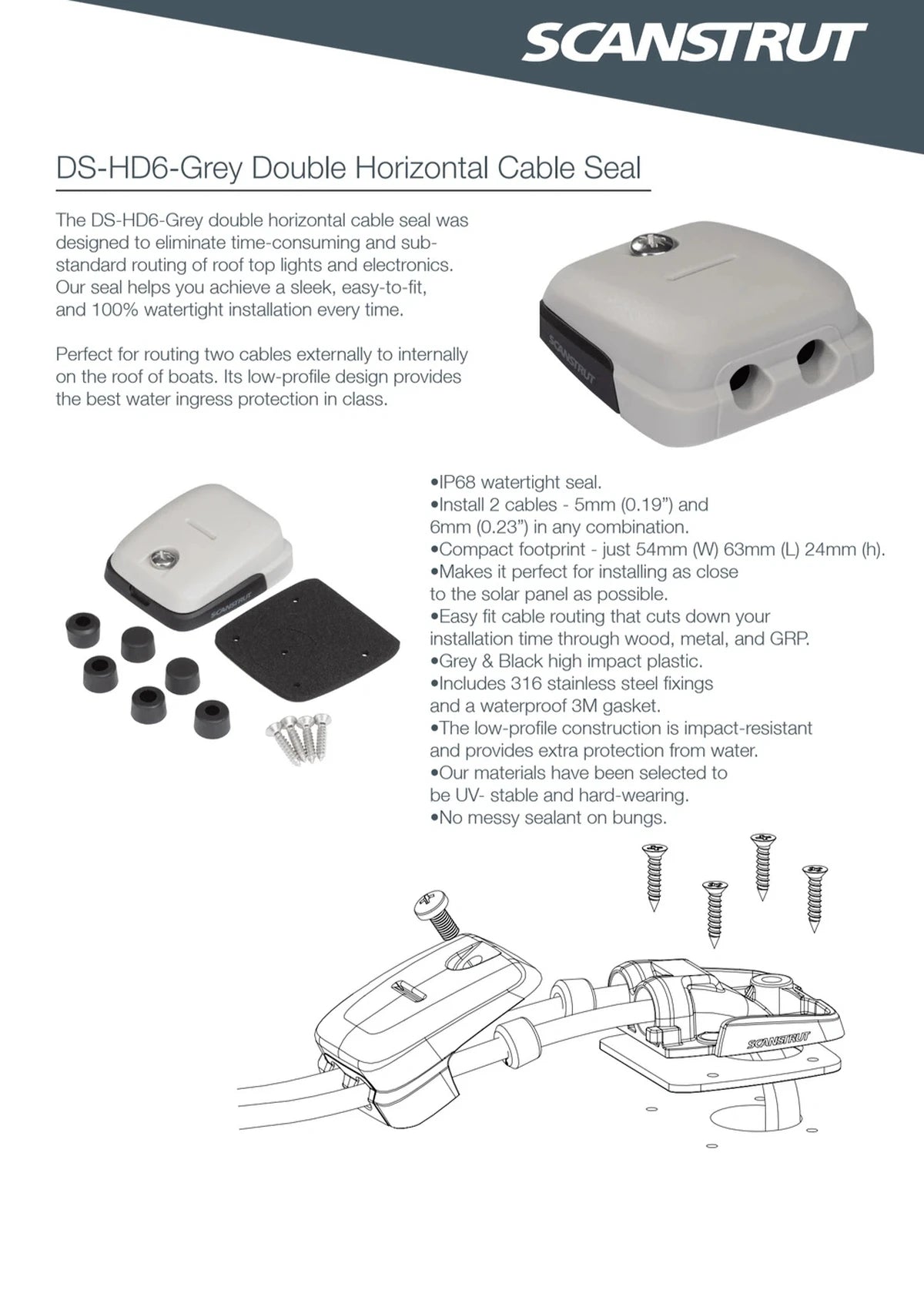 Technical overview of DS-HD6 cable seal with features and assembly diagram