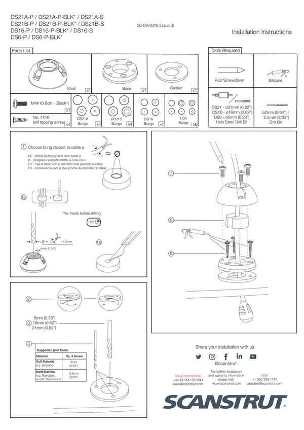 Installation manual diagram for Scanstrut DS6 vertical cable seals showing assembly steps