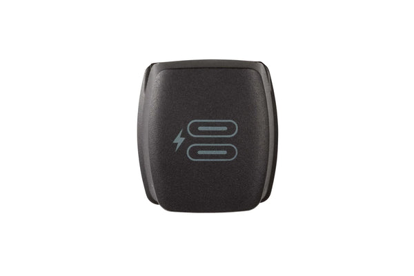 Front view of the black waterproof lid closed with dual charging icons
