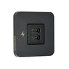 Angle view of black dual USB-C charging socket with square bezel and charging icon