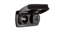 Dual 12V cigarette socket and USB charging ports with both spring-loaded lids open