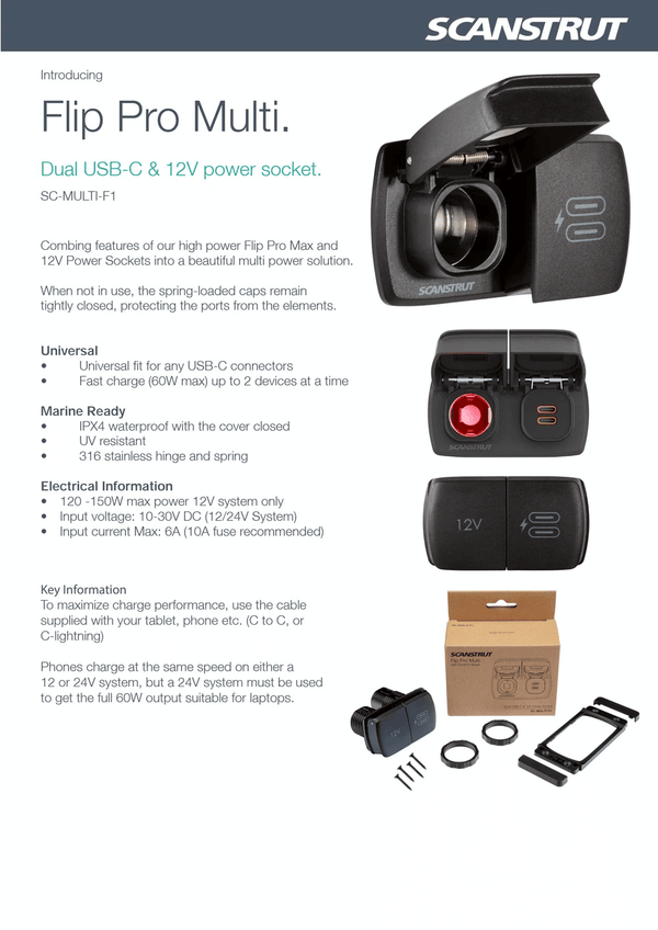 Product feature summary sheet for Flip Pro Multi dual USB-C and 12V socket