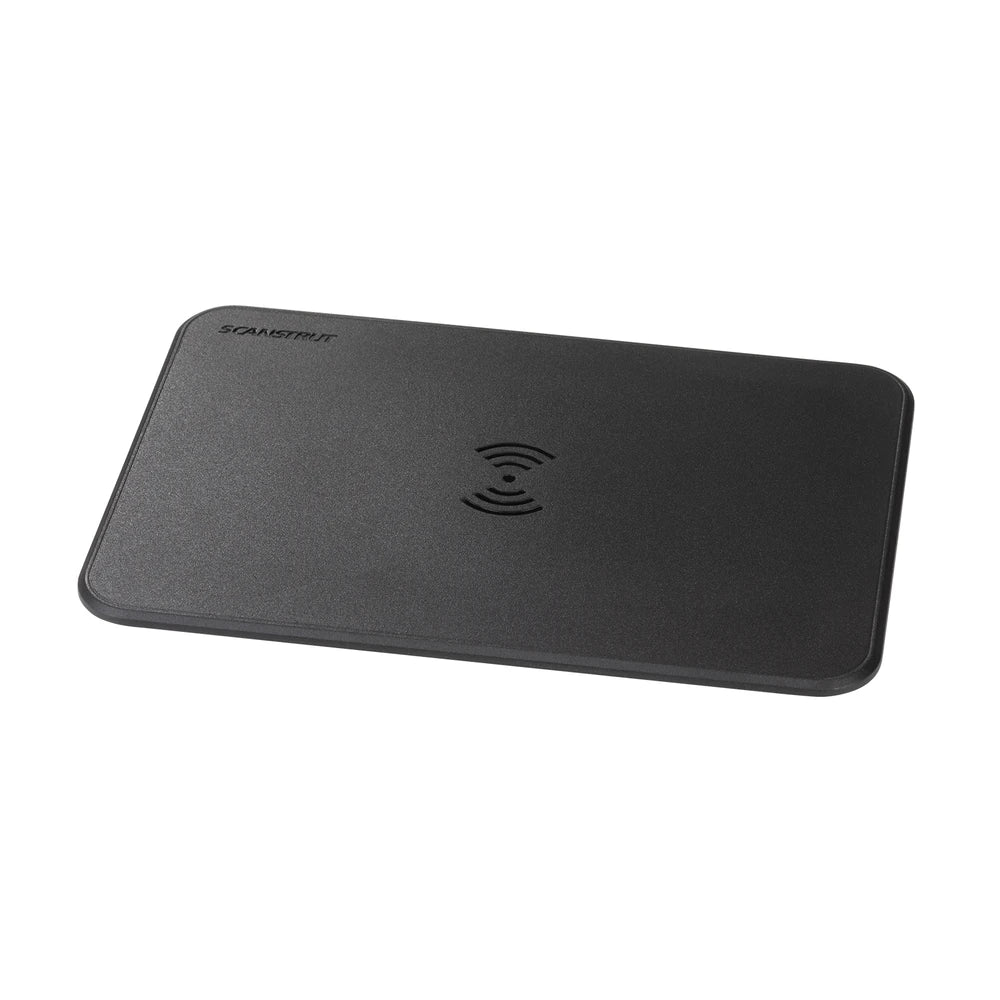 Black flush-mount waterproof wireless charger with Qi icon and Scanstrut logo