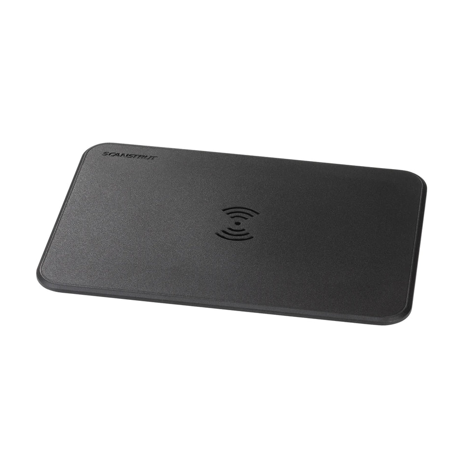 Black flush-mount waterproof wireless charger with Qi icon and Scanstrut logo