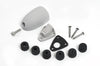 Exploded view of grey cable seal parts including shell, base, gasket and bungs