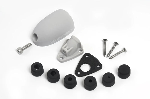 Exploded view of grey cable seal parts including shell, base, gasket and bungs