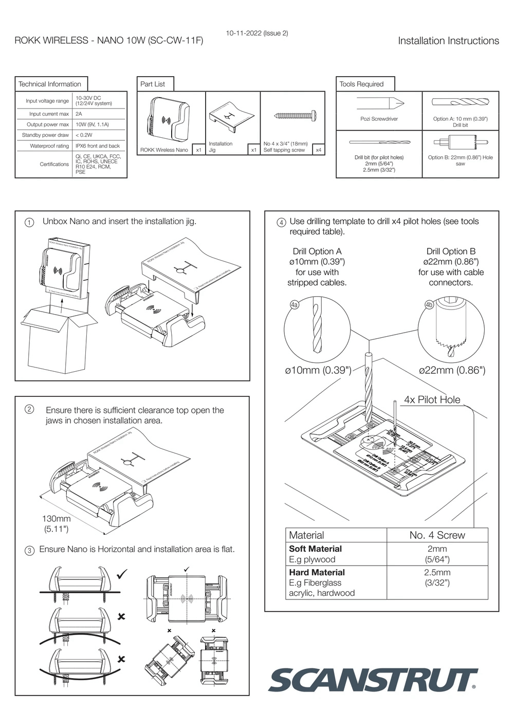 Multi-step installation instructions for unboxing and mounting the Nano charger