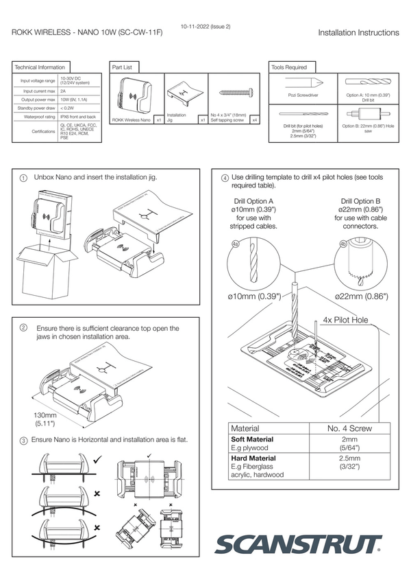 Multi-step installation instructions for unboxing and mounting the Nano charger