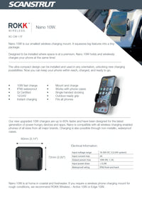 Specification sheet for Nano 10W wireless charger with dimensions and IPX6 rating