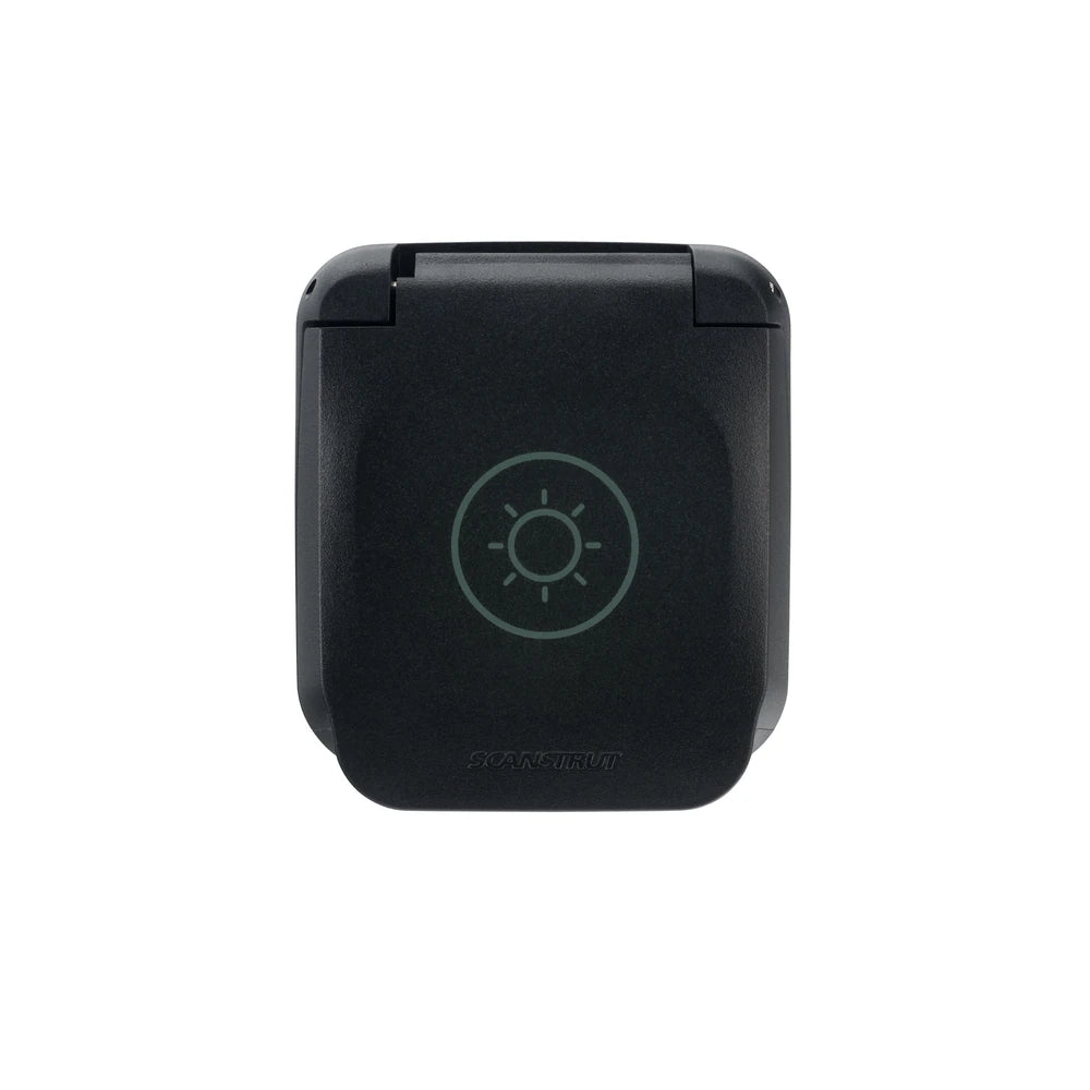 Closed SAE solar input socket with sun icon on the textured black lid