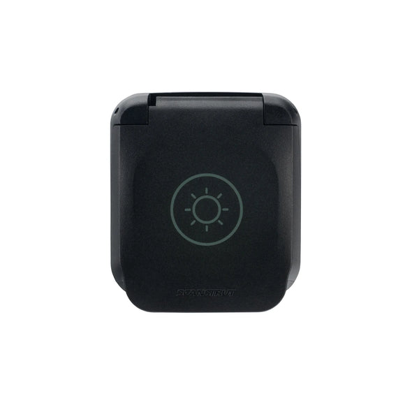 Closed Scanstrut Ventura solar socket with sun icon on the protective lid