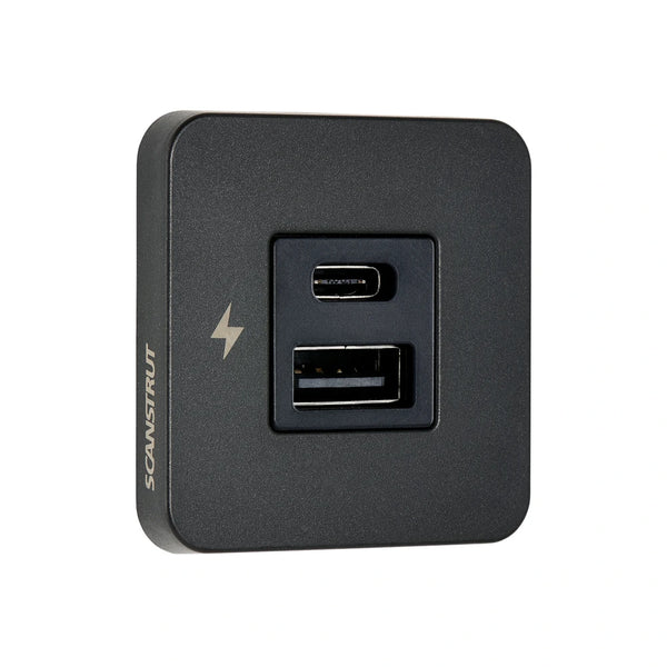Three-quarter view of black Scanstrut TILE USB-A and USB-C socket