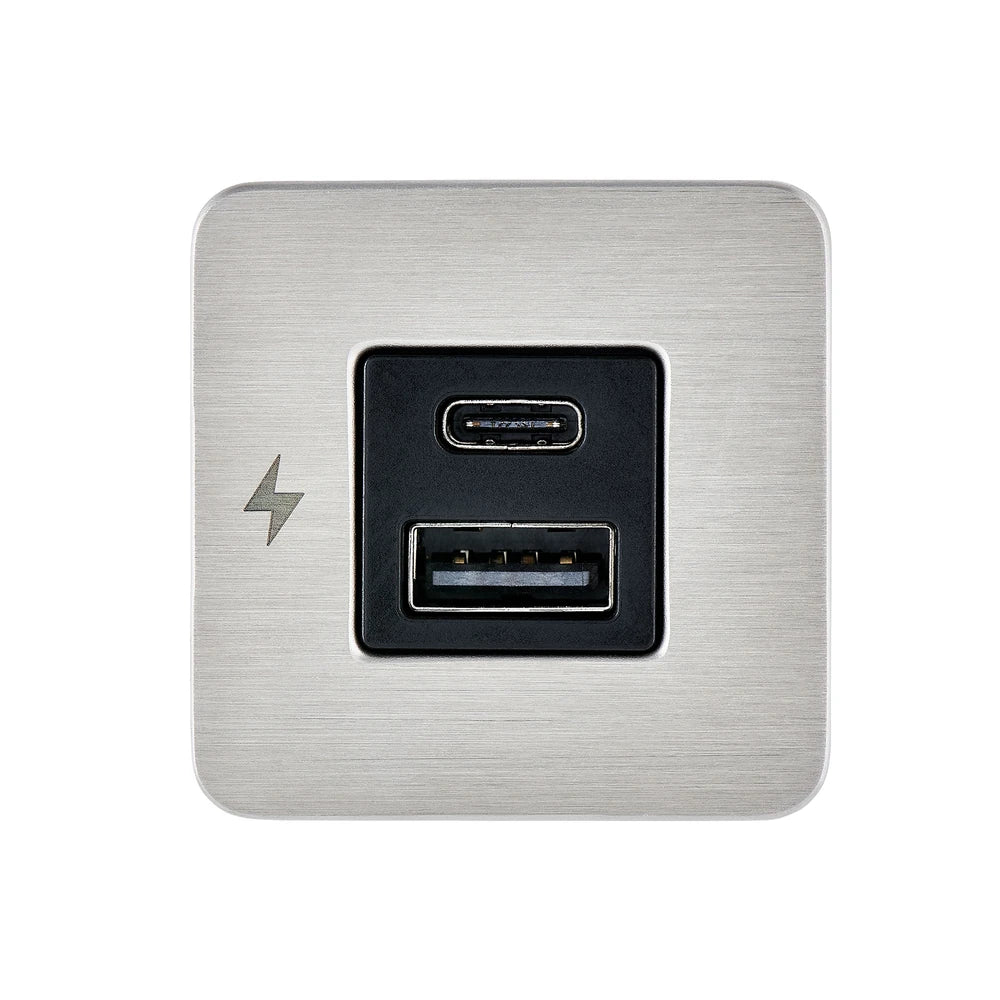 Front view of the Scanstrut TILE USB socket with brushed stainless faceplate