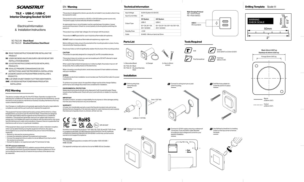 Installation instructions and electrical safety information for the TILE dual USB-C socket