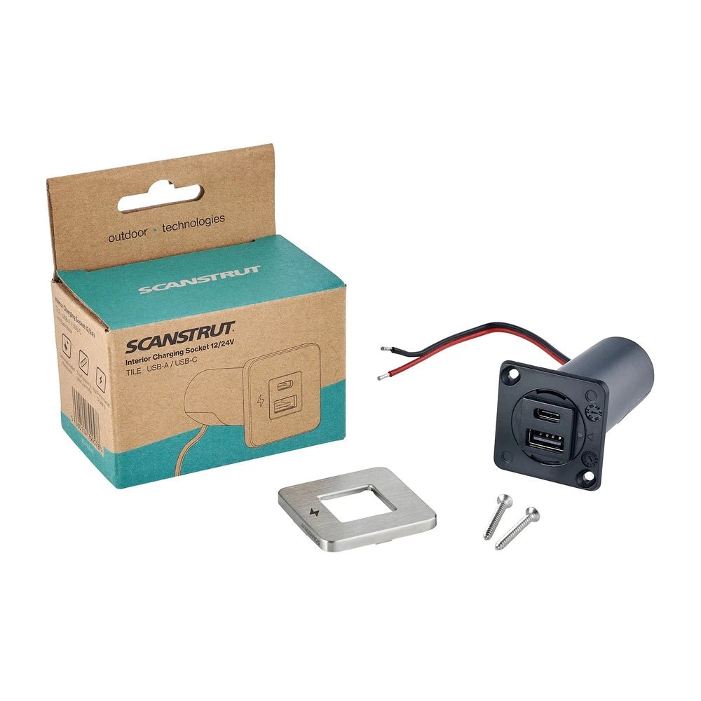 Retail packaging for the Scanstrut TILE USB charging socket