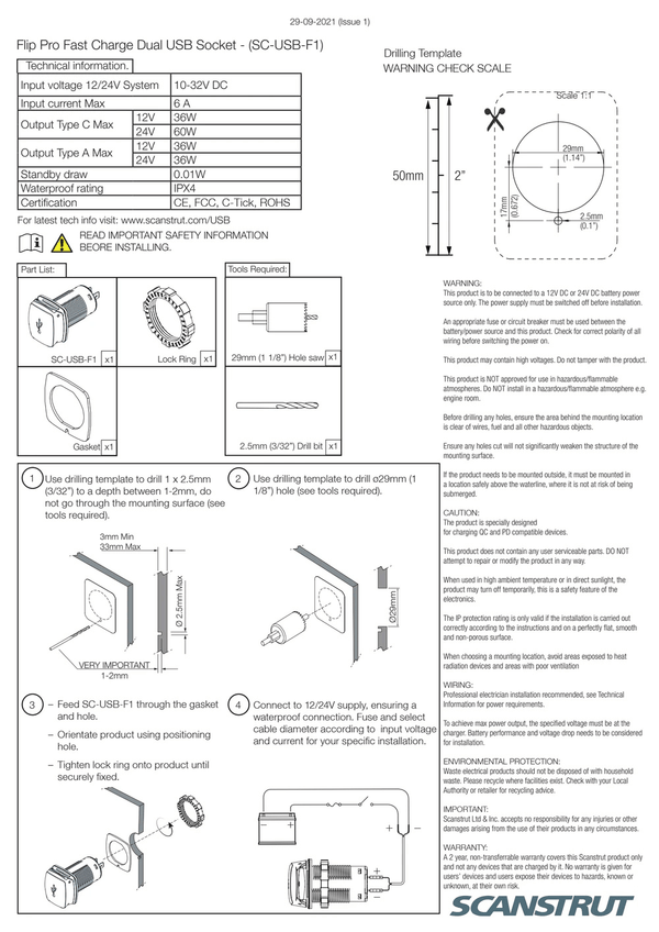 Installation guide and drilling template for the Scanstrut Flip Pro USB socket