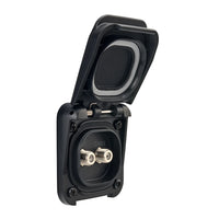 Open black waterproof F-type TV and satellite socket showing dual connectors and protective lid
