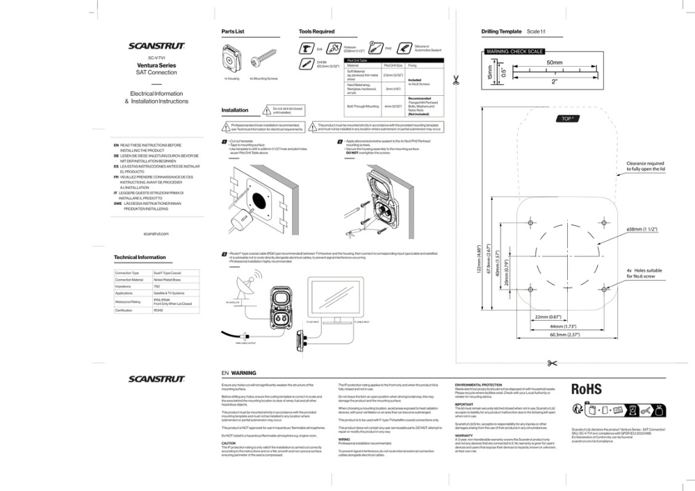 Technical installation instructions and drilling template for Ventura series TV socket