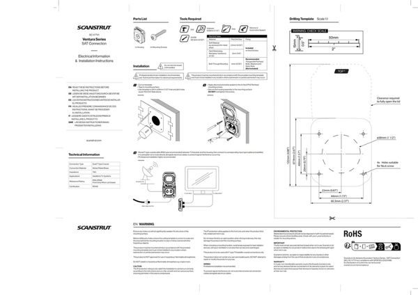 Technical installation instructions and drilling template for Ventura series TV socket