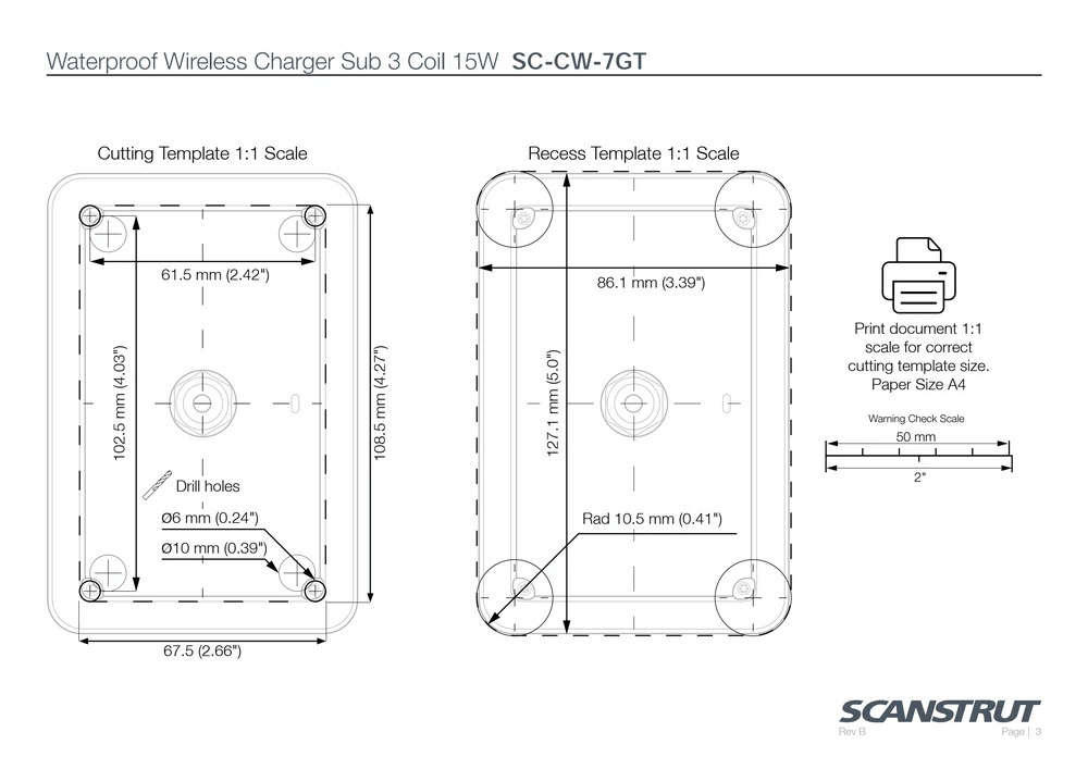 1:1 scale cutting and recess template for Scanstrut wireless charger