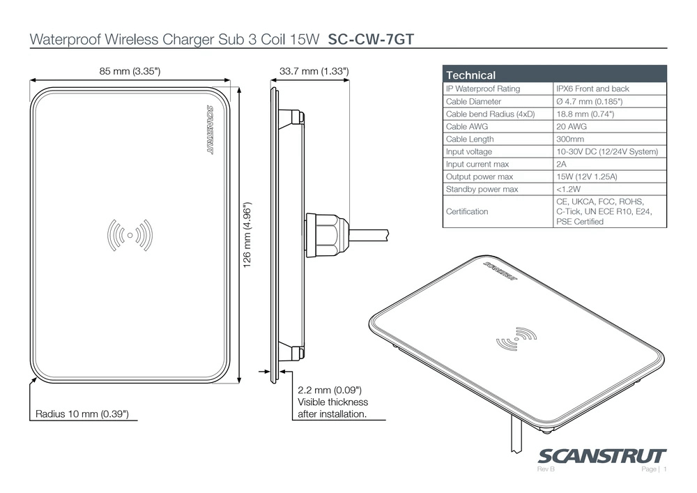 Technical dimensional drawing of Scanstrut flush-mount wireless charger