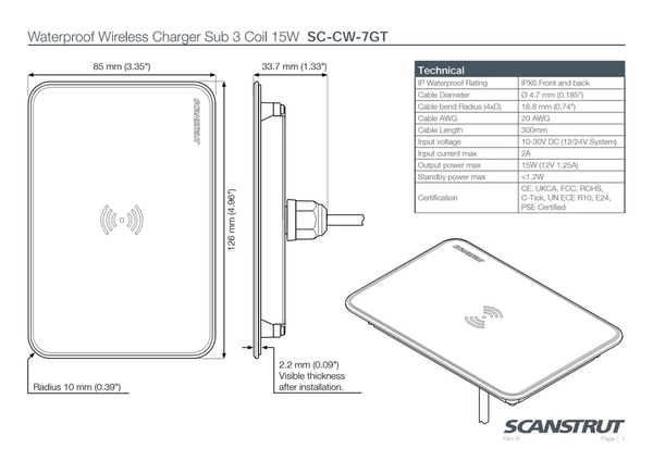 Technical dimensional drawing of Scanstrut flush-mount wireless charger