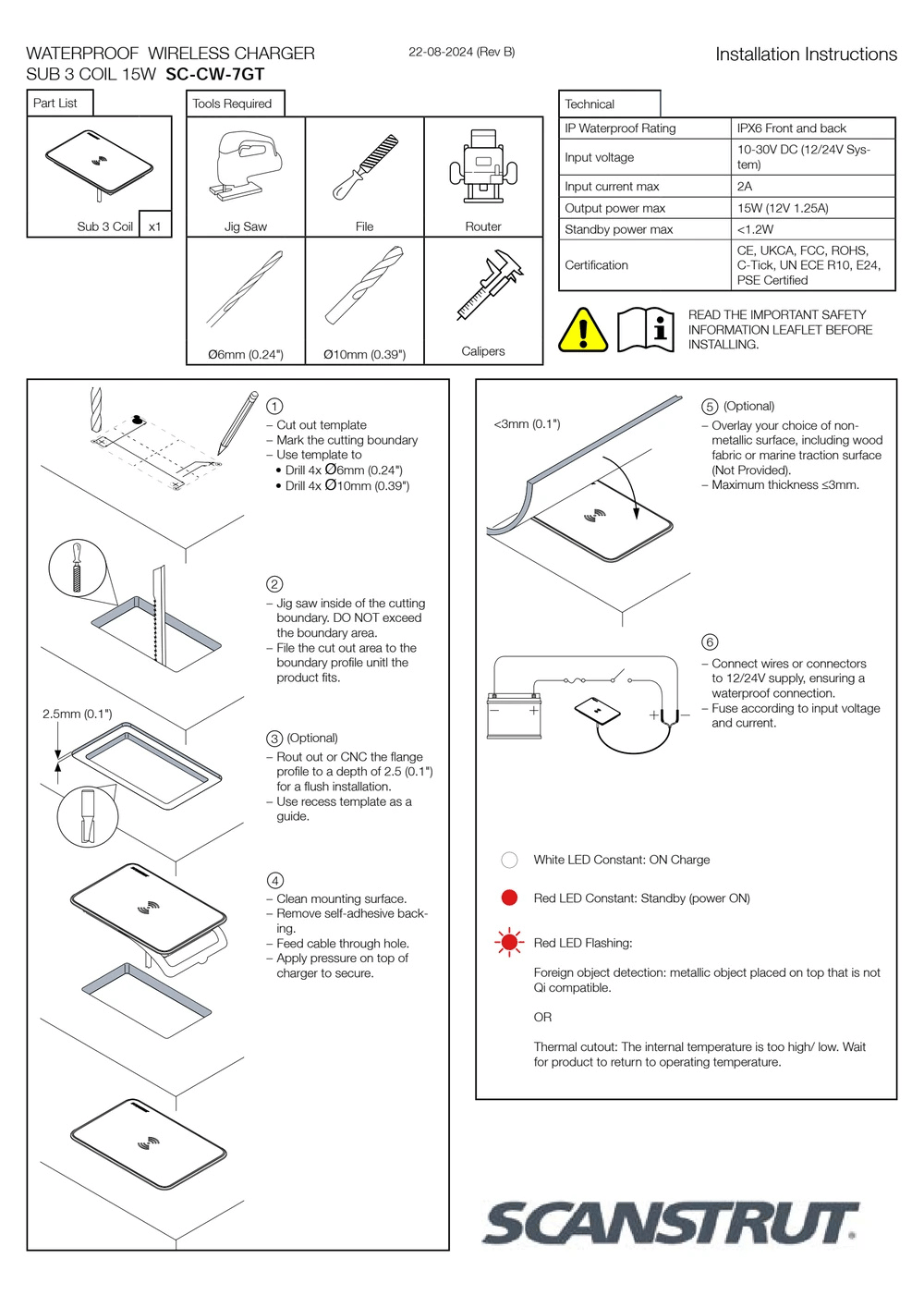 Step-by-step installation instructions for Scanstrut waterproof wireless charger