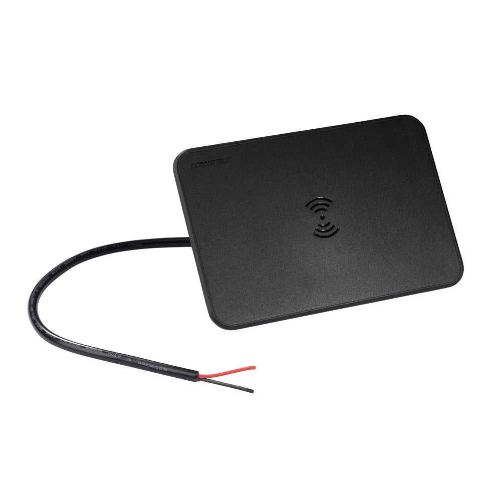 Angled view of Scanstrut wireless charger with integrated twin-core power cable
