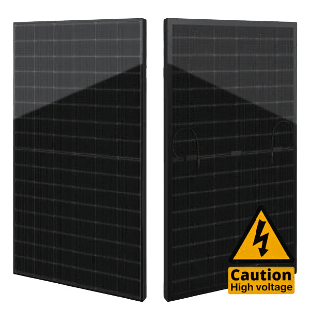 Front and back views of Seraphim 475W bifacial solar panel showing cells and junction boxes