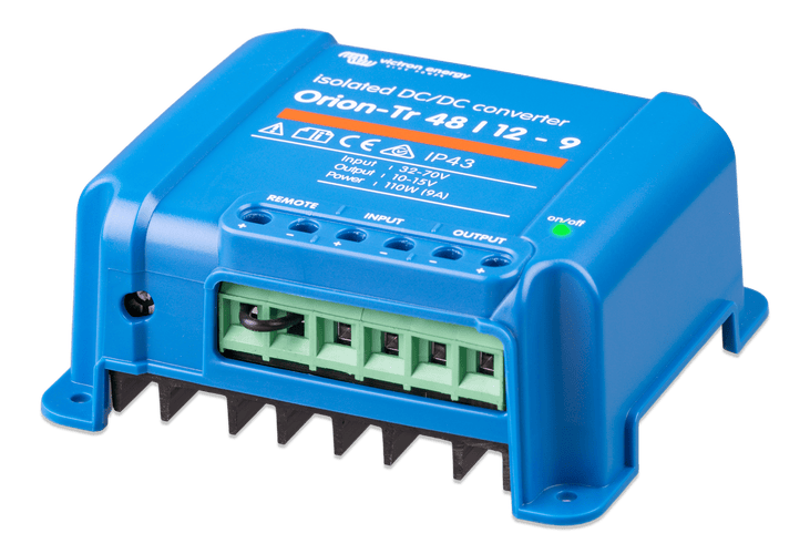 Side perspective view of Victron 48V to 12V converter highlighting the blue housing and mounting tabs