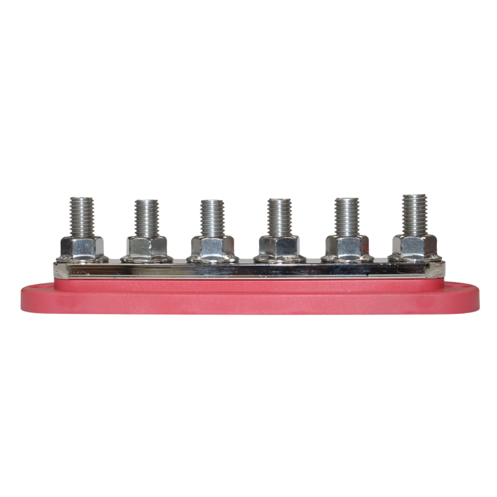 Side profile of busbar showing height of threaded M10 studs and reinforced red base